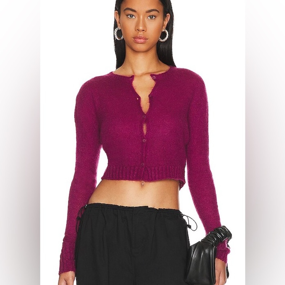 Guizio Mohair Ribbed Cardigan in Berry